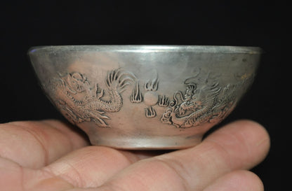 China Tibetan Silver Animal Loong Dragon Statue Tableware Tea Cup Bowl Bowls