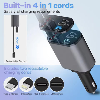 Retractable Car Charger 4in1 Fast Car Phone 16 Charger 120W USB Type C Cable Lot
