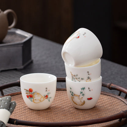 One Cup Fat Mutton Jade Porcelain Tea Cup Love Cat Print Kungfu Tea Cup 70ml New