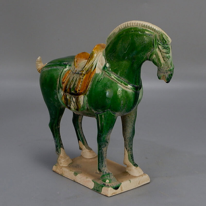 Chinese Tang Tri-Color Glazed Ceramics Green Porcelain Statue War Horse Model