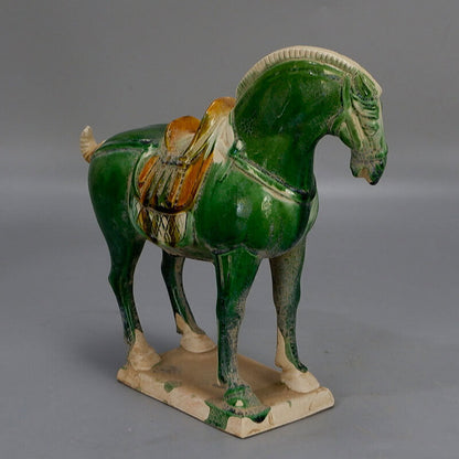 Chinese Tang Tri-Color Glazed Ceramics Green Porcelain Statue War Horse Model