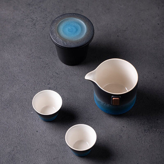 Black and Blue Ceramic Teapot with 2 Cups Portable Travel Tea Set