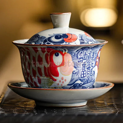 Chinese Blue and White Ceramic Tea Tureen Handmade Fish Gaiwan