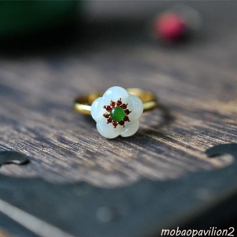 New Natural White Jade Flower Ring Women Adjustable Jewelry