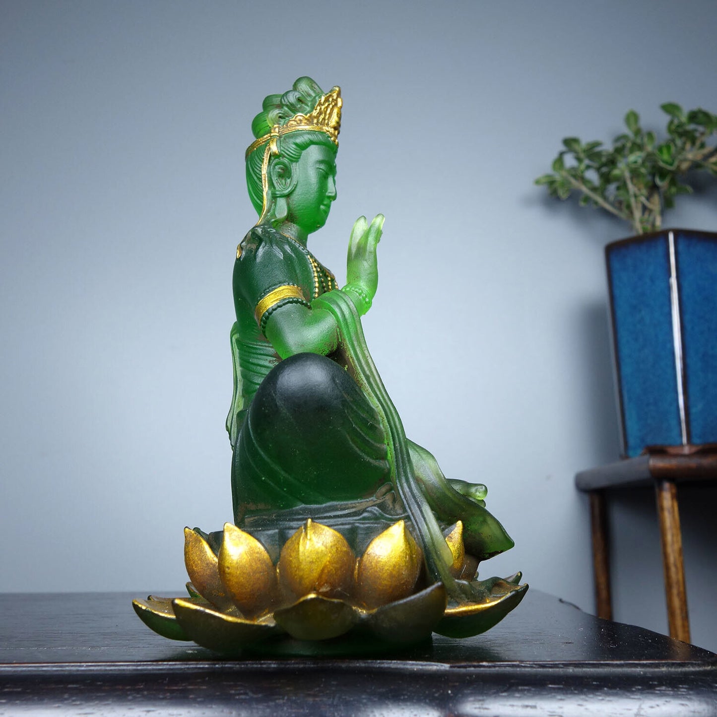 Chinese Old Coloured glaze Handmade Exquisite lotus Guanyin Statue