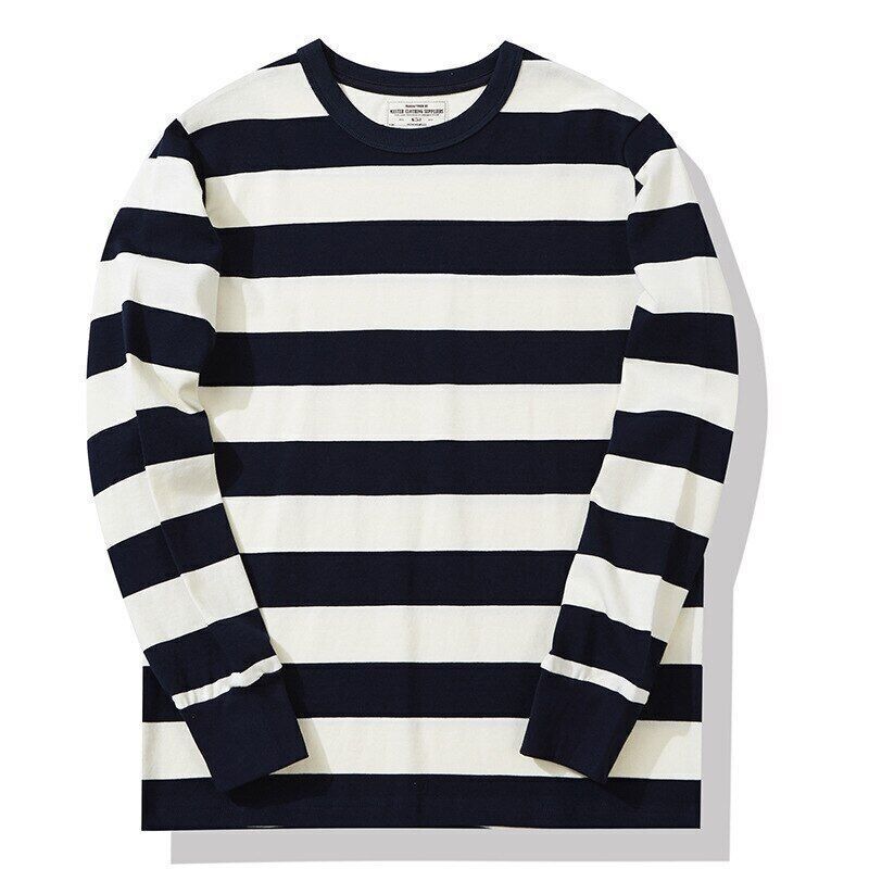 280g Heavyweight Cotton Striped Long Sleeve T-Shirt Men Autumn Navy Thick Tops