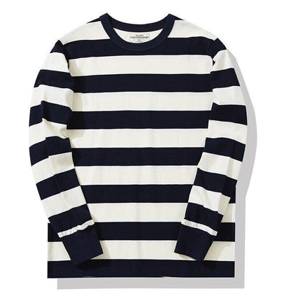 280g Heavyweight Cotton Striped Long Sleeve T-Shirt Men Autumn Navy Thick Tops