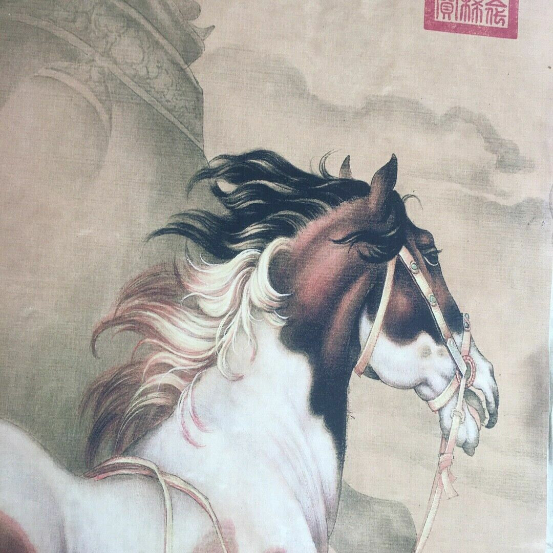 Chinese Old Scroll Lang shining - horse Pictures Painting Rice Paper Painting