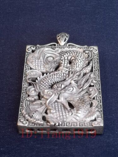 Chinese Tibet Silver Carving Dragon Statue necklace Pendant Collection gift