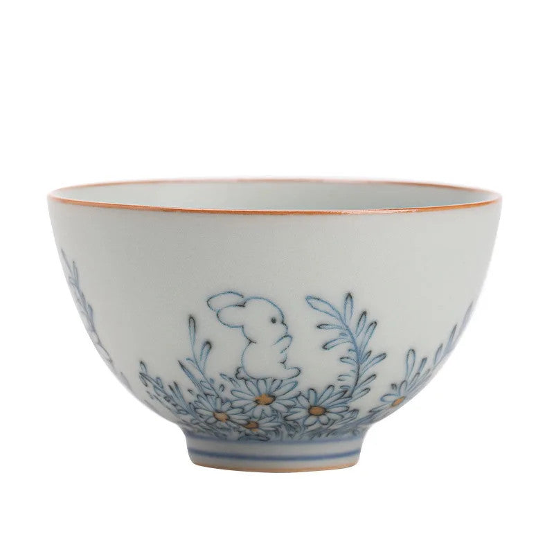 Vintage Blue & White Ru Kiln Daisy Rabbit Teacup 70ml