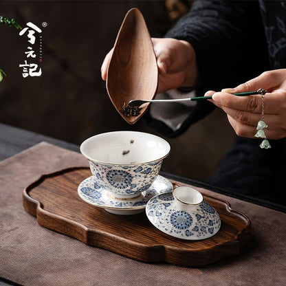 Chinese Blue White Gaiwan Porcelain Lidded Tea Bowl Saucer Gongfu Tea 165ml