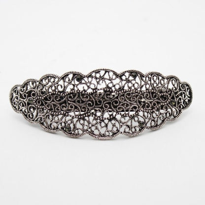 Women Hair Clips Metal Antique Black Silver Rhinestones Hairwear Barrette 10x4cm