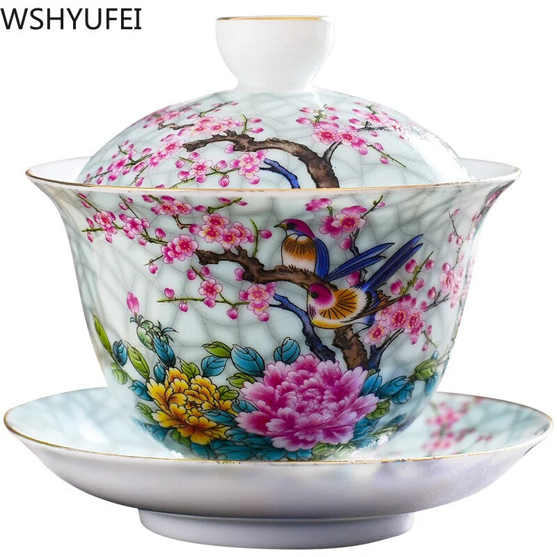 180ml Jingdezhen Porcelain Art Bird Gaiwan Ceramic Flower Tea Bowl with Saucer