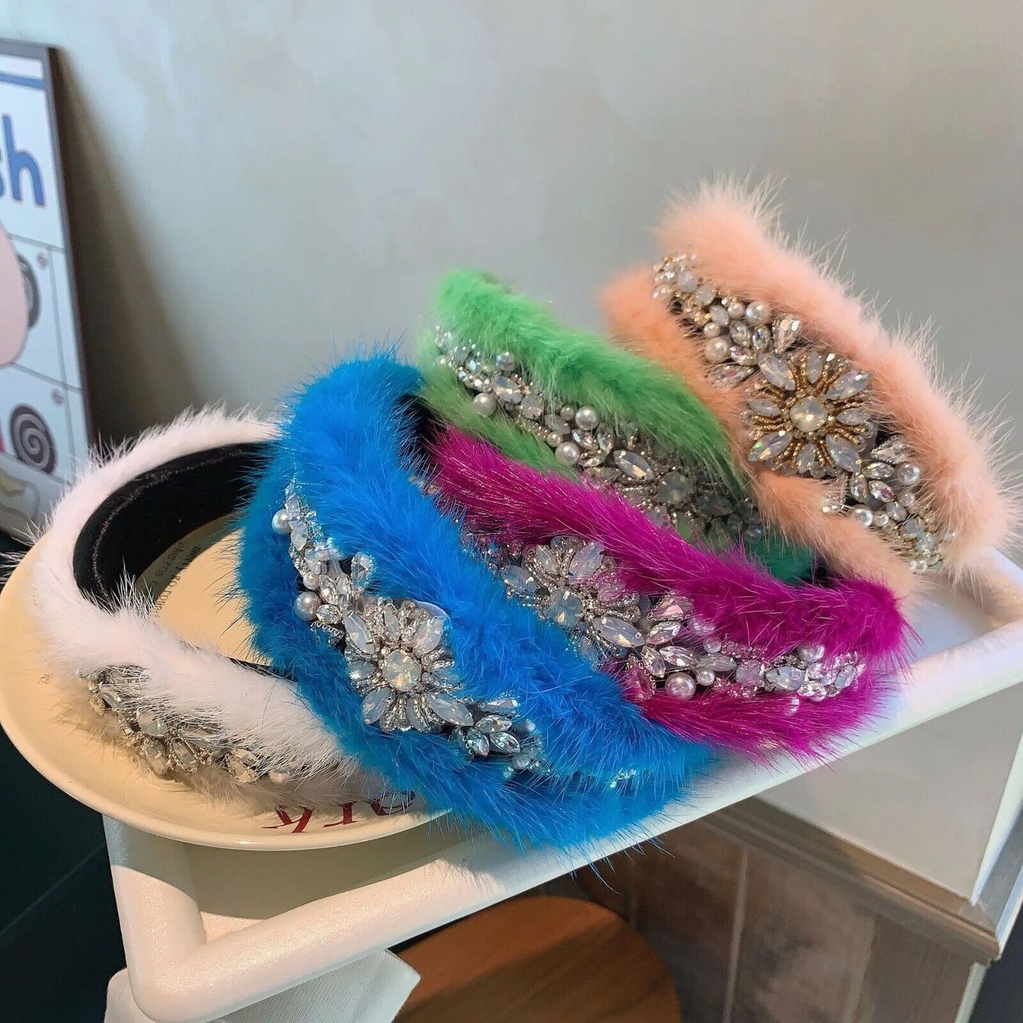 Women Headband Luxurious Faux Fur Crystal Hairband Casual Adult Hair Accessories