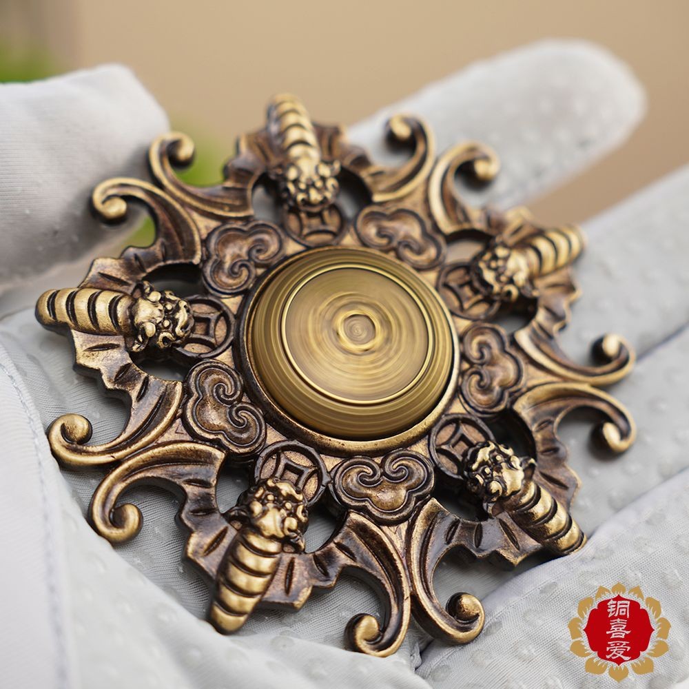Brass Five Blessings Spinning Coin Hand Piece Fengshui Fortune Fidget Toy 6.8cm
