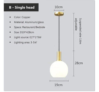 Pendant Lamp Glass White Gold Modern Design Simple Art Restaurant Bedroom Lights