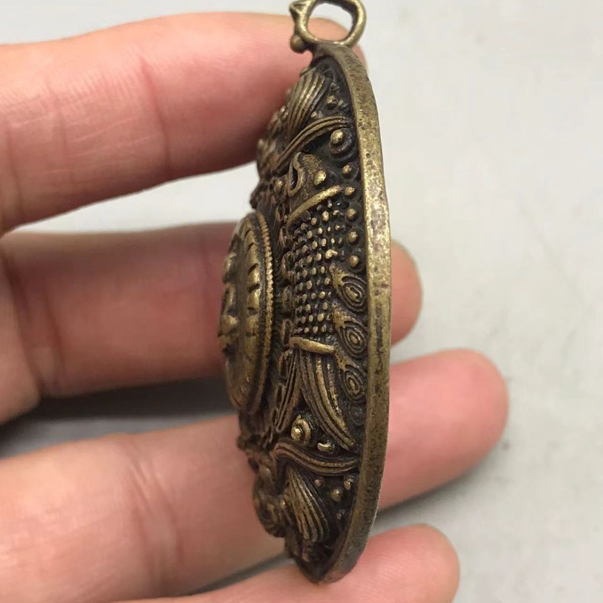 Vintage Tibetan Brass Pendant, Hand-Carved Buddha & Fish, Nepal Style