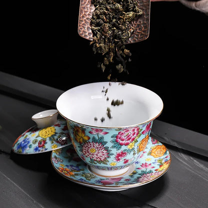200ML Chinese Porcelain Gaiwan Color Enamel Cover Bowl Handmade Tea Teaware