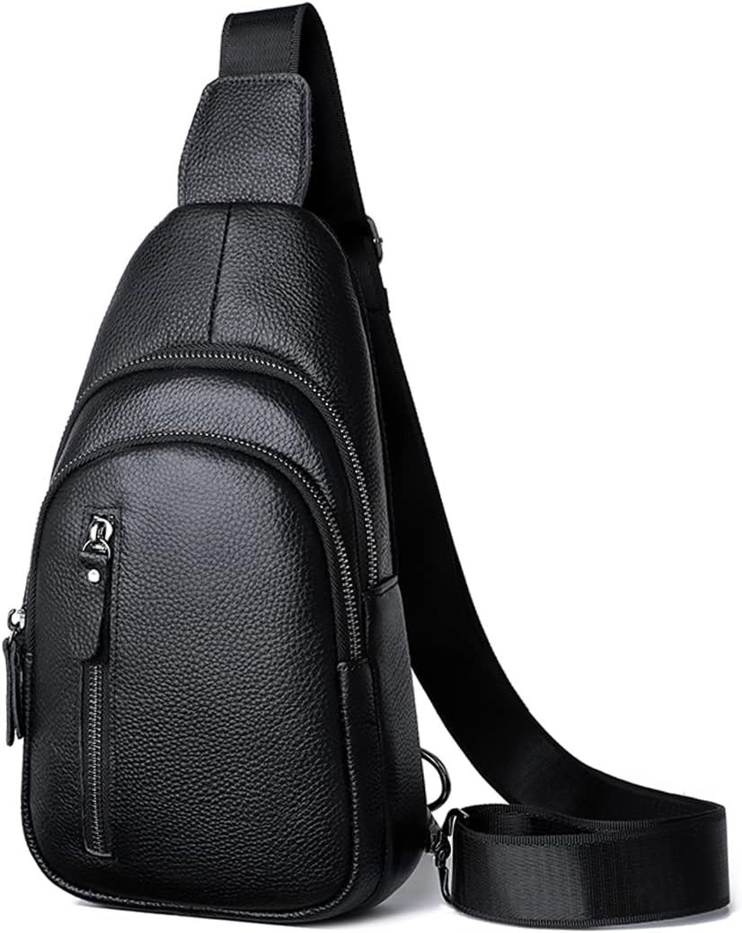 Mens Sling Bag Small Genuine Leather Chest Shoulder B-black-genuine