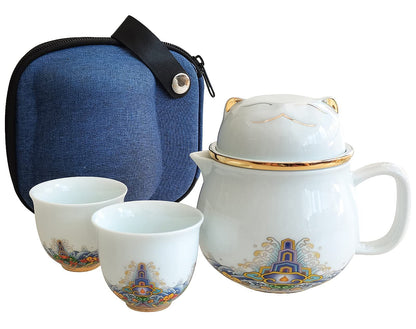 Portable Ceramic Tea Cup Set Travel Porcelain Tea Pot Cups Set With Handle Bag