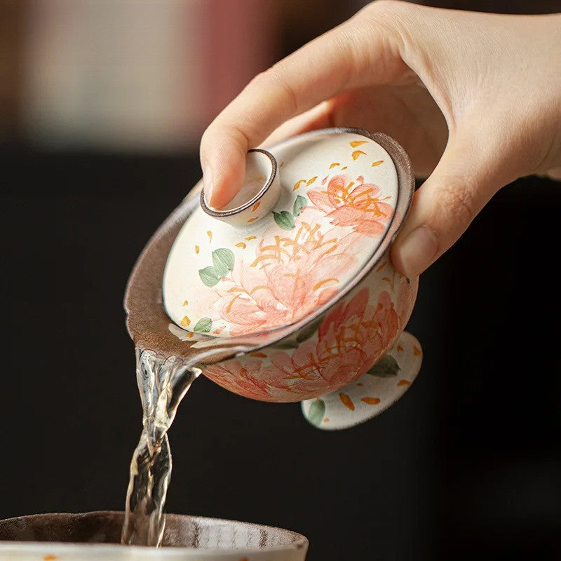 120ml Ceramic Handpainted Peony Gaiwan Tea Tureen Tea Making Cover Bowl Teaware