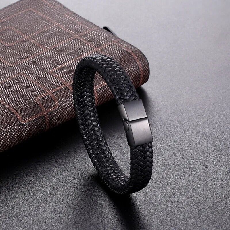 Black Braided Leather Bracelet Stainless Steel Punk Dark Bangle For Men and Wom