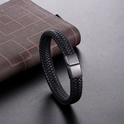 Black Braided Leather Bracelet Stainless Steel Punk Dark Bangle For Men and Wom