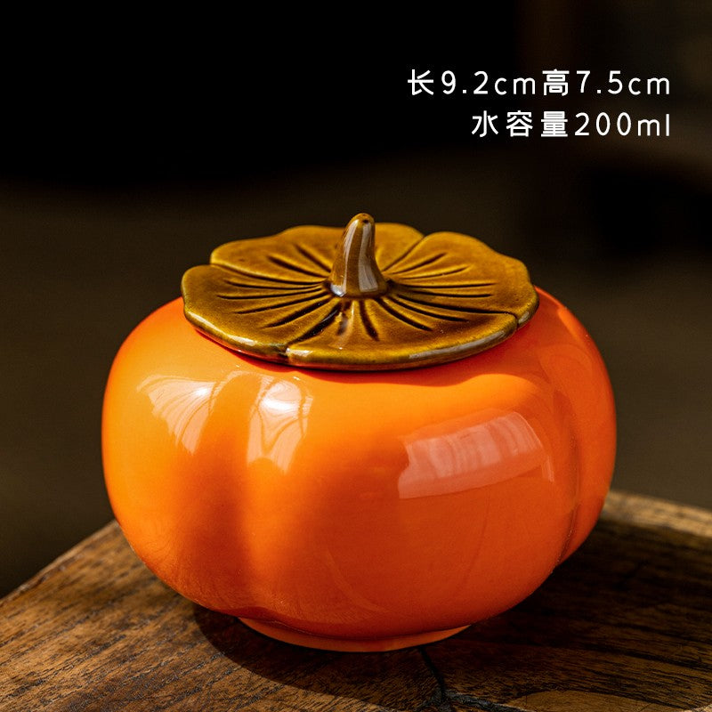 Persimmon Tea Jar Chinese Ceramic Small Size Portable and Sealed Tea Jar