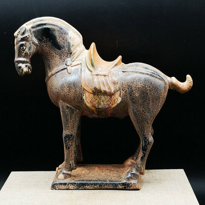 Chinese 8.2 Inch Tang Tri-Color Glazed Ceramics Black War Horse Porcelain Statue