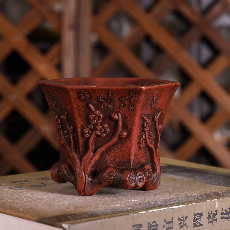 Purple Sand Plum Blossom Flower Pattern Bonsai Pot Tradition China Carved
