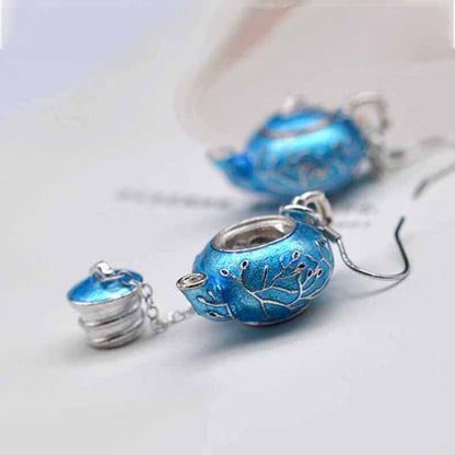 Thai Silver Ethnic Style Enamel Teapot Plum Earrings for Women Exquisite Chinese