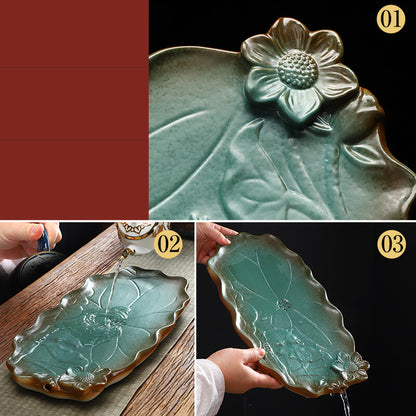 Chinese Ceramic Tea Tray Carved Tea Plate Water Reservoir Serving Tray Creative