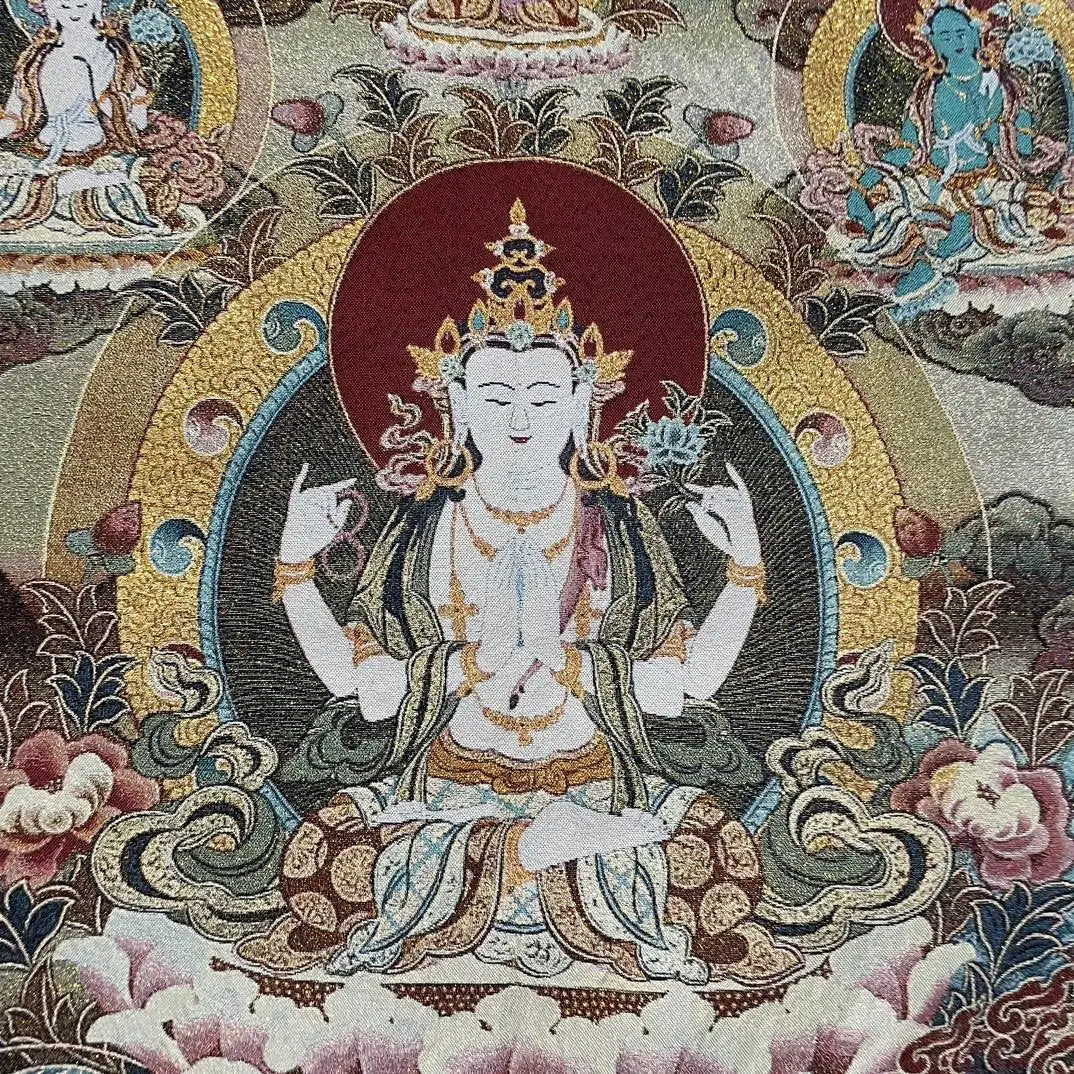 35" Tibetan Buddhism Embroidery Four Arm Guanyin Buddha Thangka Wall hanging