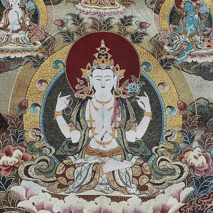 35" Tibetan Buddhism Embroidery Four Arm Guanyin Buddha Thangka Wall hanging
