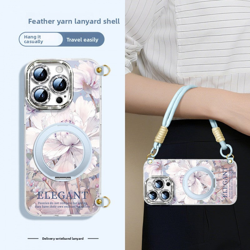For iPhone 16 Pro/15/14/13 Flower Phone Case with Lanyard/Stand/Crossbody Strap