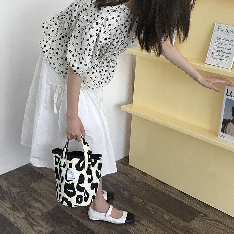 Pink Leopard Print Shoulder Bag Large Capacity Casual Cute Canvas Bucket Handbag