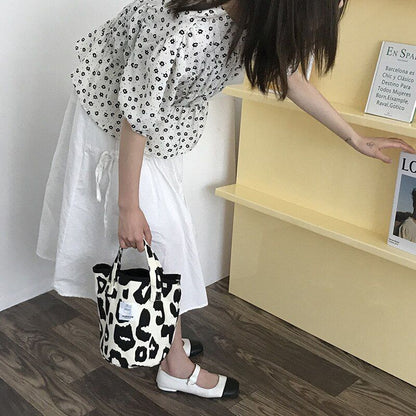 Pink Leopard Print Shoulder Bag Large Capacity Casual Cute Canvas Bucket Handbag