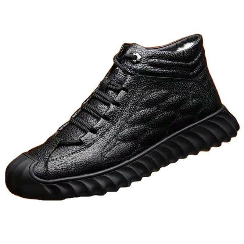 Winter Fur Lined Men's Warm Lace-Up Shoes Faux Leather High-Top Ankle Snow Boots