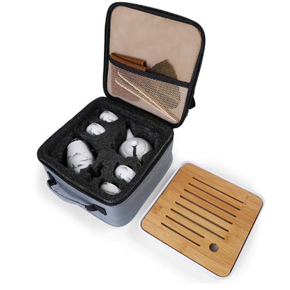 Ceramic Kung Fu Travel Tea Set Teapot Canister 4 Cups Tray Clip Towel Bag Gift