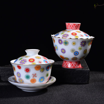 170ml Color Ceramic Pottery Sancai Covered Bowl Tea Cup Handmade Pottery Gaiwan