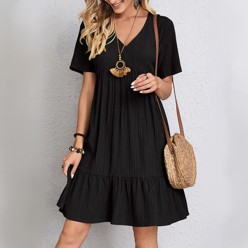Womens Short Sleeve V Neck Mini Dress Ladies Pleated Ruffle Baggy A-Line Dress