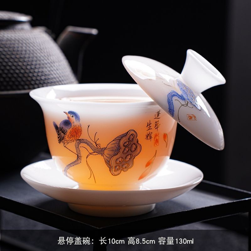 1pc Ice Jade Porcelain Covered Bowl White Porcelain Tea Bowl Dehua Teacup