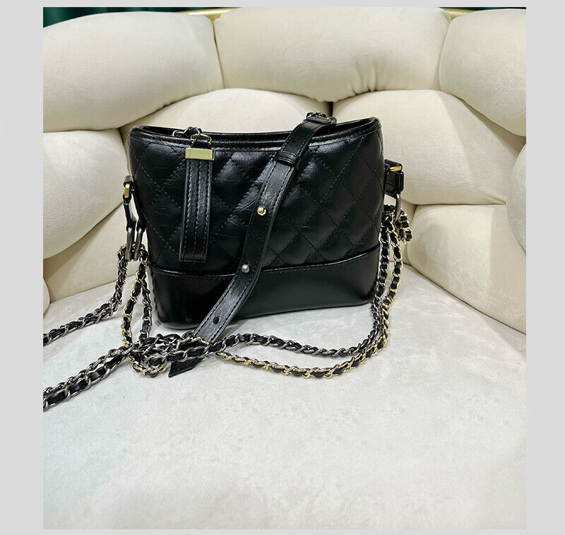 Quilted Real Leather Shoulder Bag Hobo Purse Double Chains Crossbody Handbag