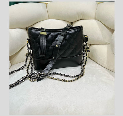 Quilted Real Leather Shoulder Bag Hobo Purse Double Chains Crossbody Handbag