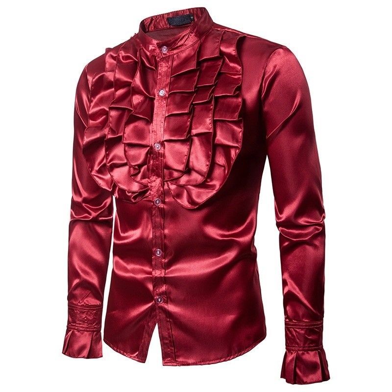 Men Faux Silk Satin Ruffle Shirt Tops Long Sleeve Fancy Clothes Victorian Retro