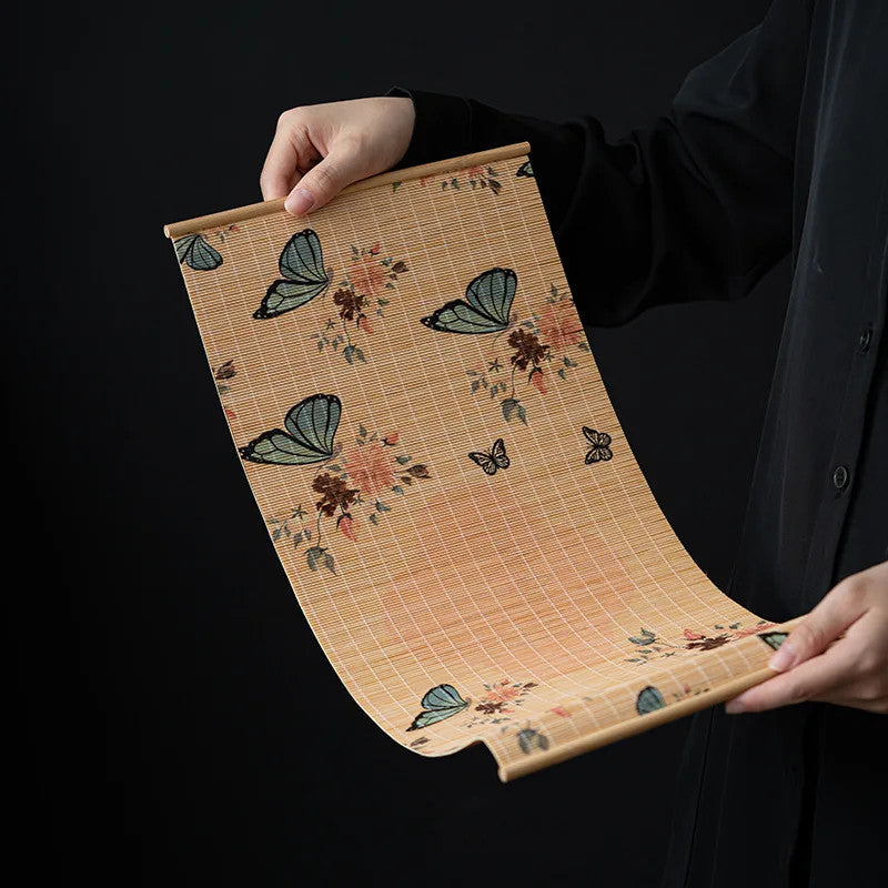50cm Bamboo Woven Table Decorative Heat Insulation Mat Butterfly Print Tea Mat