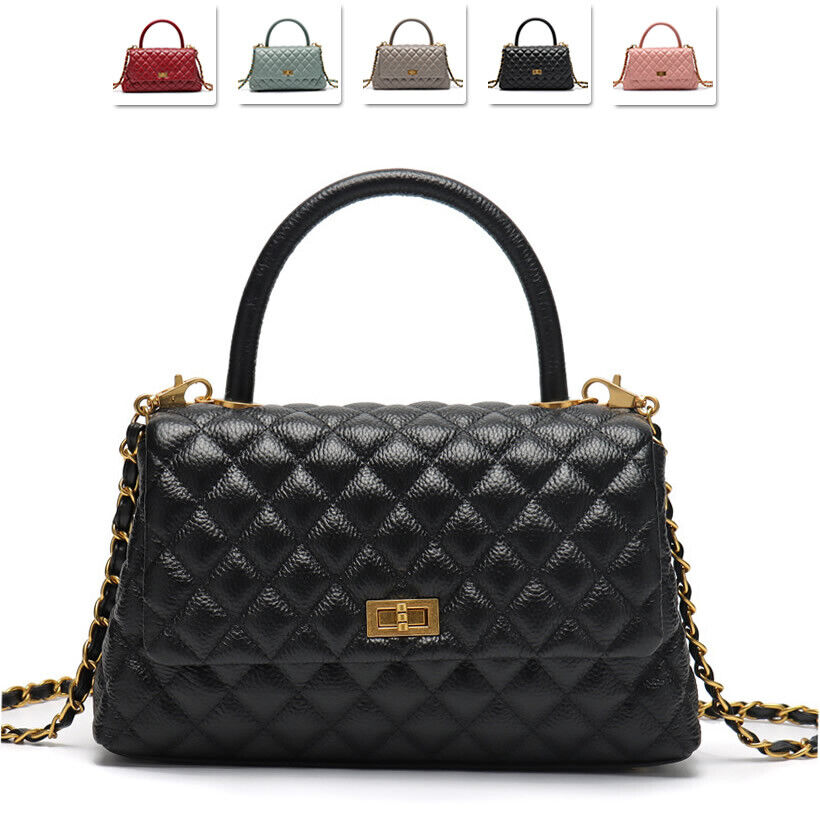 20/26/28 Quilted Real Leather Flap Purse Tote Shoulder Bag Handbag w/ Chains