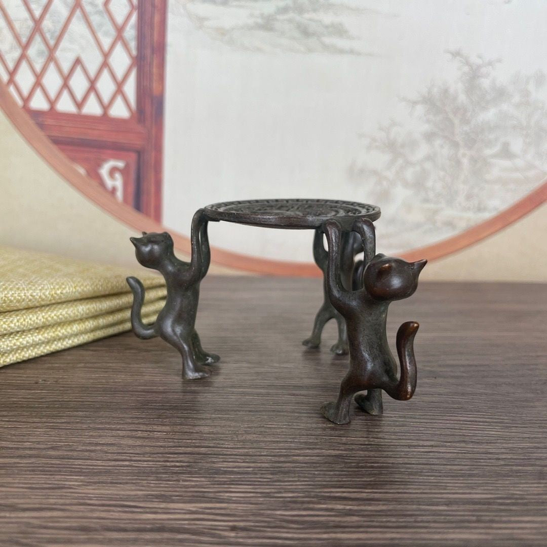 Vintage Three Cats Alloy Teapot Lid Holder Tea Set Ornament Base