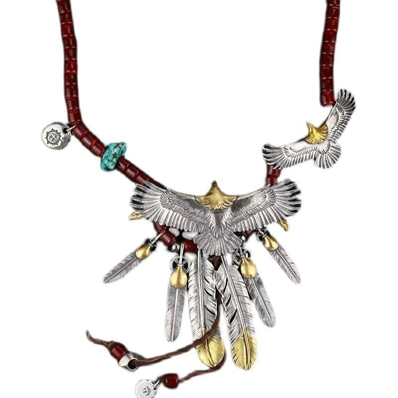 Vintage Eagle Feather Necklace Handmade Turquoise Red Bead Tribal Pendant