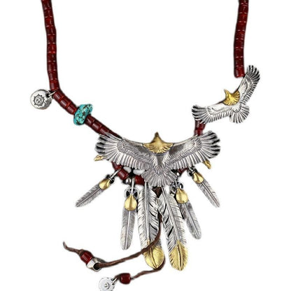Vintage Eagle Feather Necklace Handmade Turquoise Red Bead Tribal Pendant